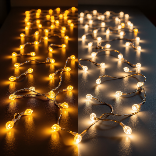 LED string lights with warm white bulbs, flexible wire, decorative pattern, glowing effect