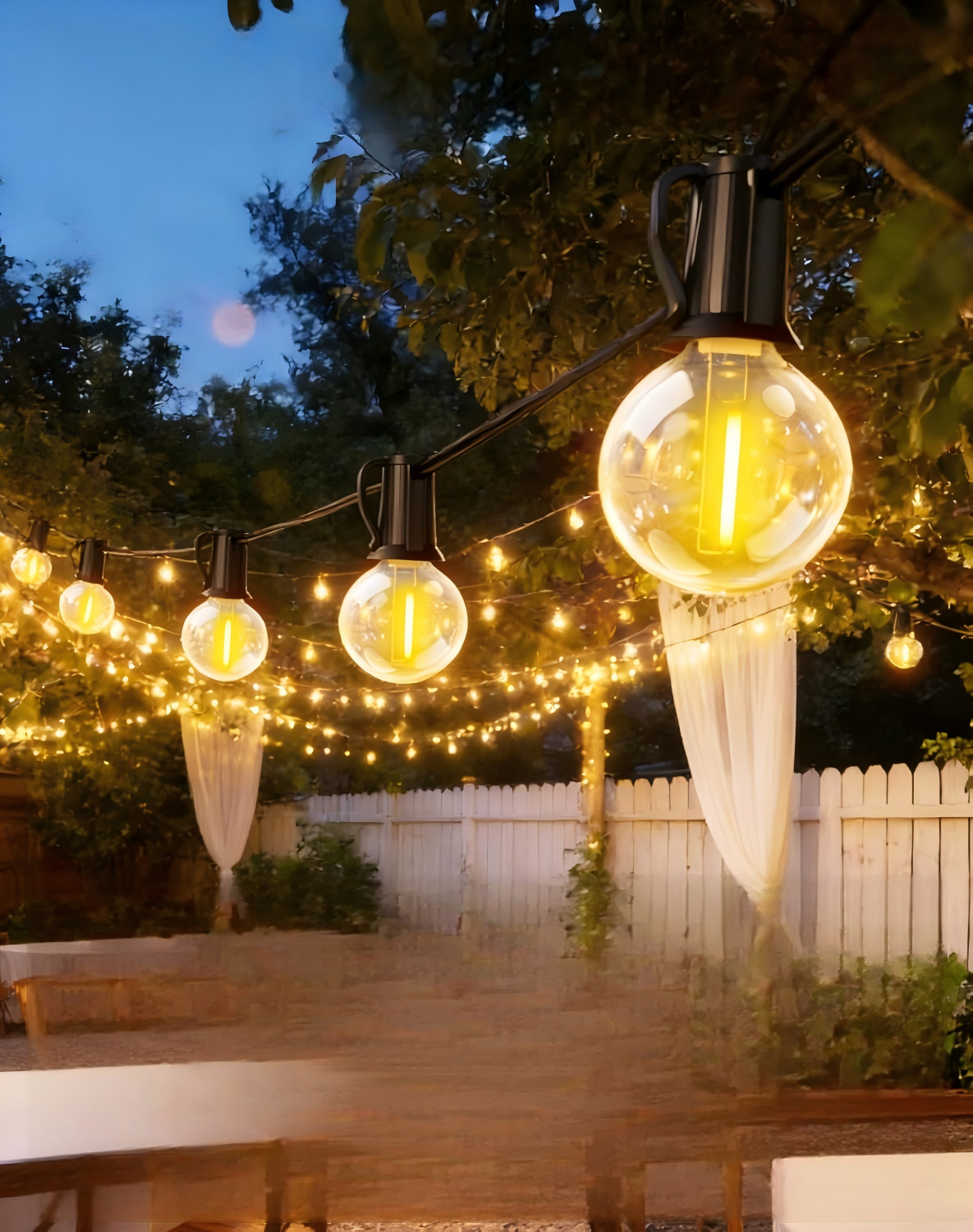 LED string lights with warm white bulbs, flexible wire, decorative pattern, glowing effect